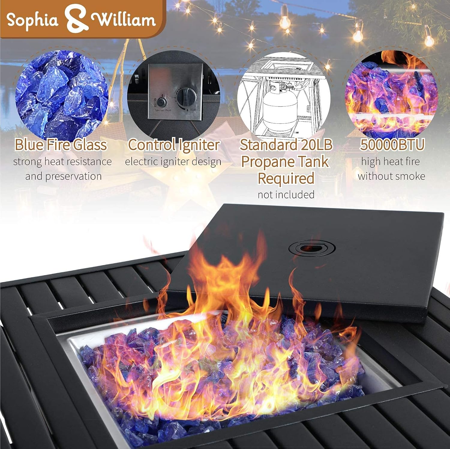 Sophia & William Gas Fire Pit Table 28 Inch 50,000BTU Square Outdoor Propane FirePits 2 in 1 Auto-Ignition Patio Fireplace for Outside with Lid and Blue Fire Glass, Black
