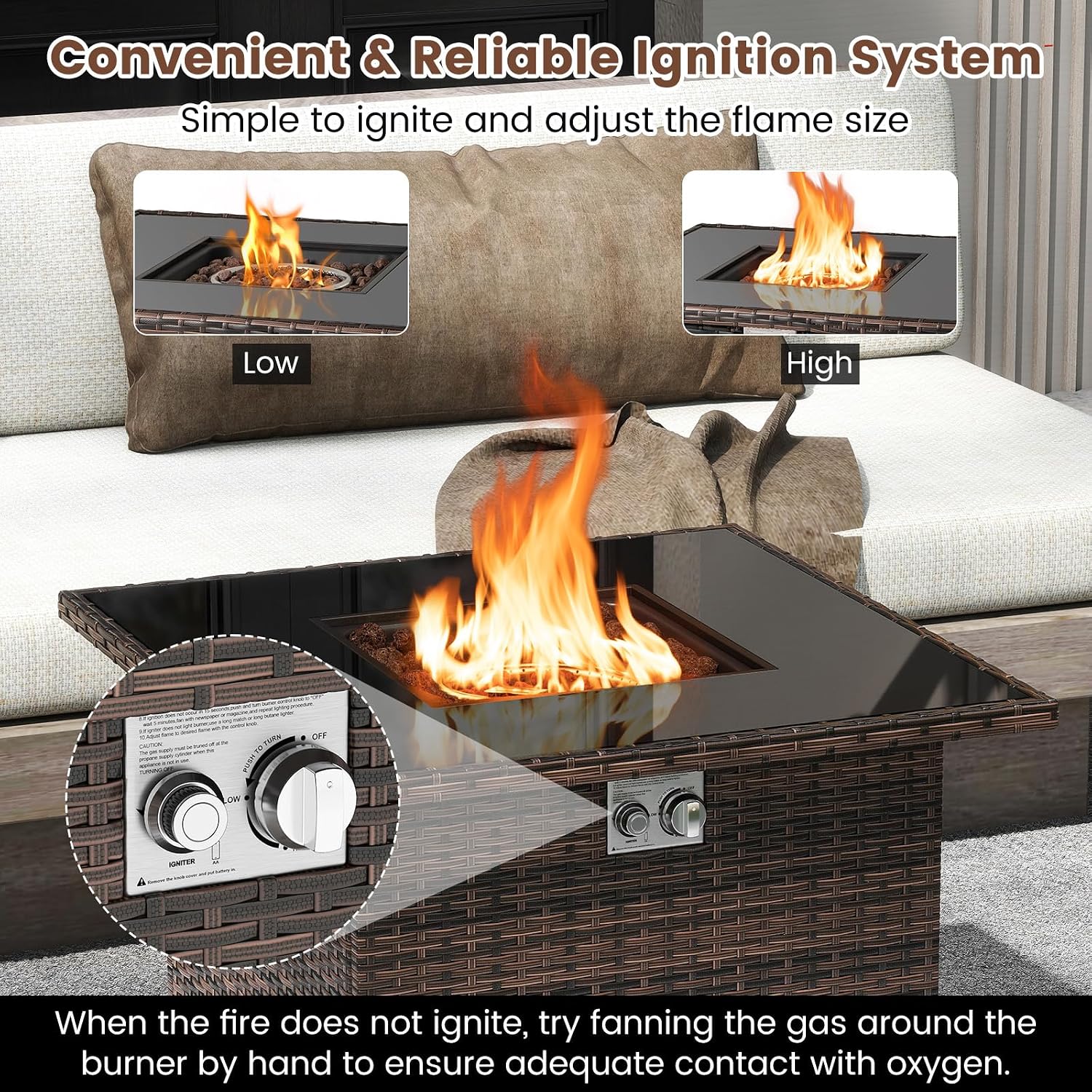 Tangkula 32.5 Inch Propane Fire Pit Table, Outdoor Rattan Gas Firepit with Tempered Glass Tabletop & Stainless Steel Burner, Square Fire Pit with Lava Rocks & Protective Cover for Outside Patio