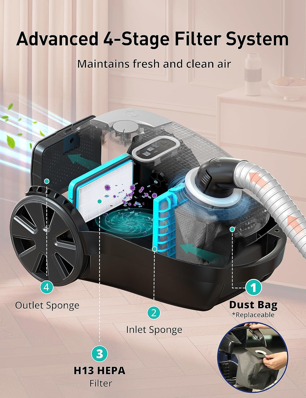 Bagged Canister Vacuum, Aspiron Canister Vacuum Cleaner, 3.5L, H13 HEPA Filter, 5 Cleaning Tools, Pet-Friendly Vacuum Cleaner for Carpets, Hardwood Floors, Stairs, Pet Hair, Household, Blue