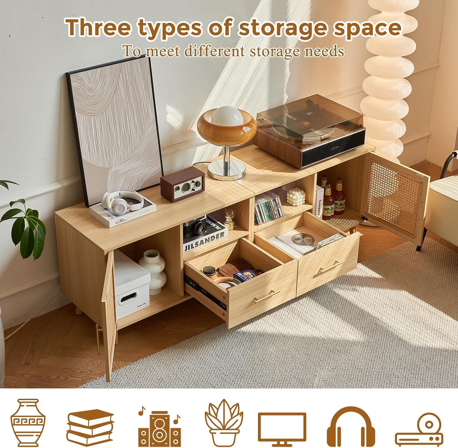 Rattan TV Stand for 70 Inch TV, 63' Modern Entertainment Center with LED Light, Outlet, Storage Shelves, 2 Drawers and Cabinets, Rattan Door, Boho TV Stand with Outlet for Living Room, Wood