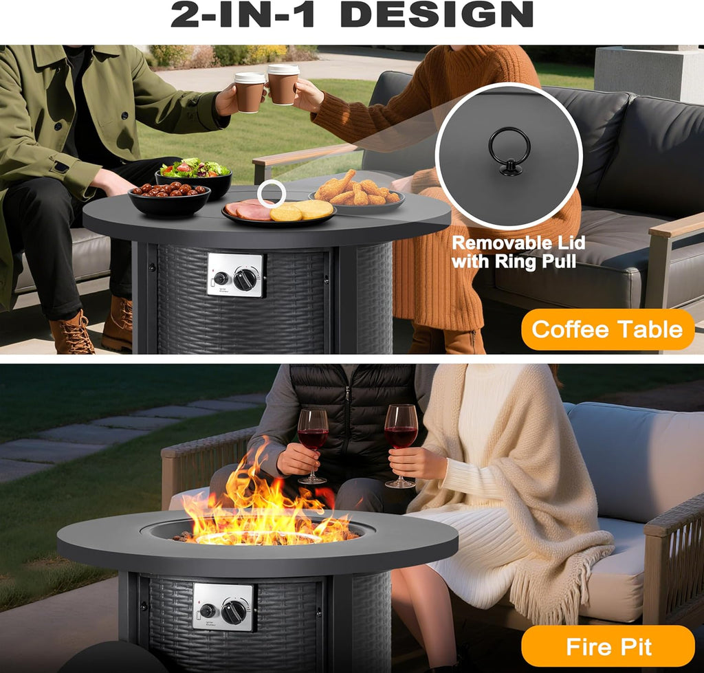 Nuu Garden 30'' Outdoor Round Propane Fire Pit Table, CSA-Certified 2-in-1 Gas Fire Pit with Rattan-Embossed Metal Frame, Stainless Steel Burner, Lid & Lava Rocks, for Patio Dining & Party, Black