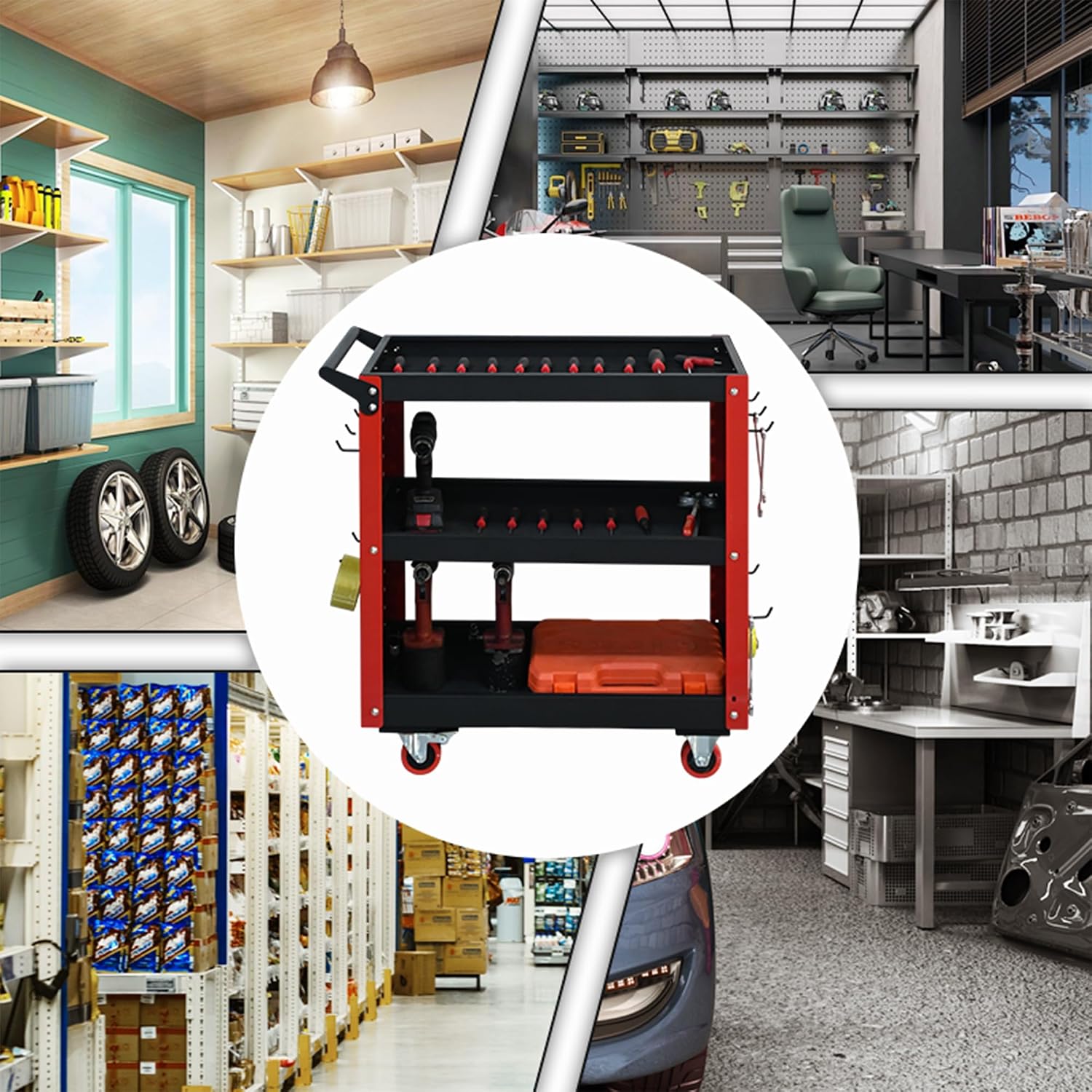 3 Tier Rolling Tool Cart on Wheels, 660LBS Load Capacity Heavy Duty Utility with Pegboard for Repair Shop, Garage, Warehouse, Workshop