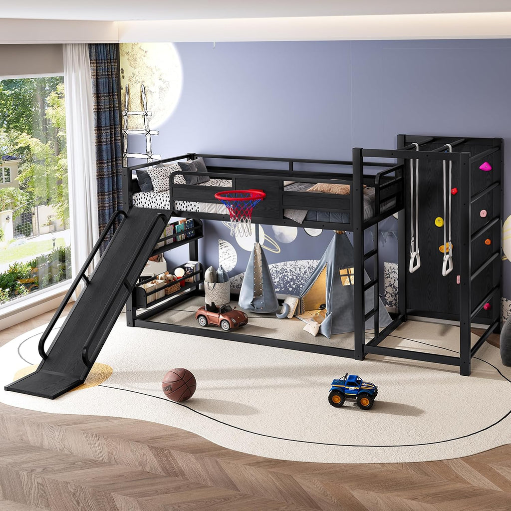SOFTSEA Twin Size Metal Loft Bed with Slide, Heavy Duty Bunk Bed with Basketball Hoop, Climbing Wall & Pull Up Rings for Kids Teens Adults, Basketball Slide Bed, No Noise, Black