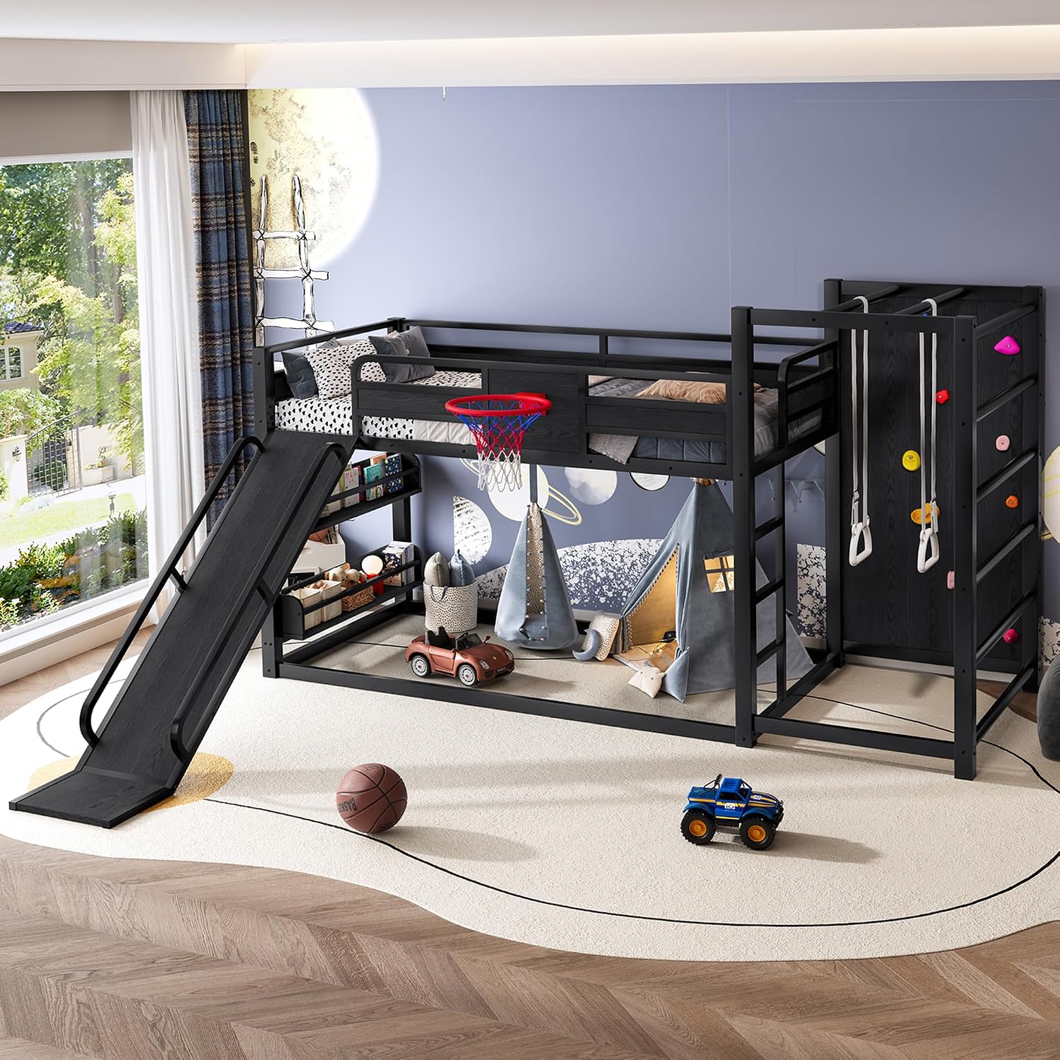 SOFTSEA Twin Size Metal Loft Bed with Slide, Heavy Duty Bunk Bed with Basketball Hoop, Climbing Wall & Pull Up Rings for Kids Teens Adults, Basketball Slide Bed, No Noise, Black