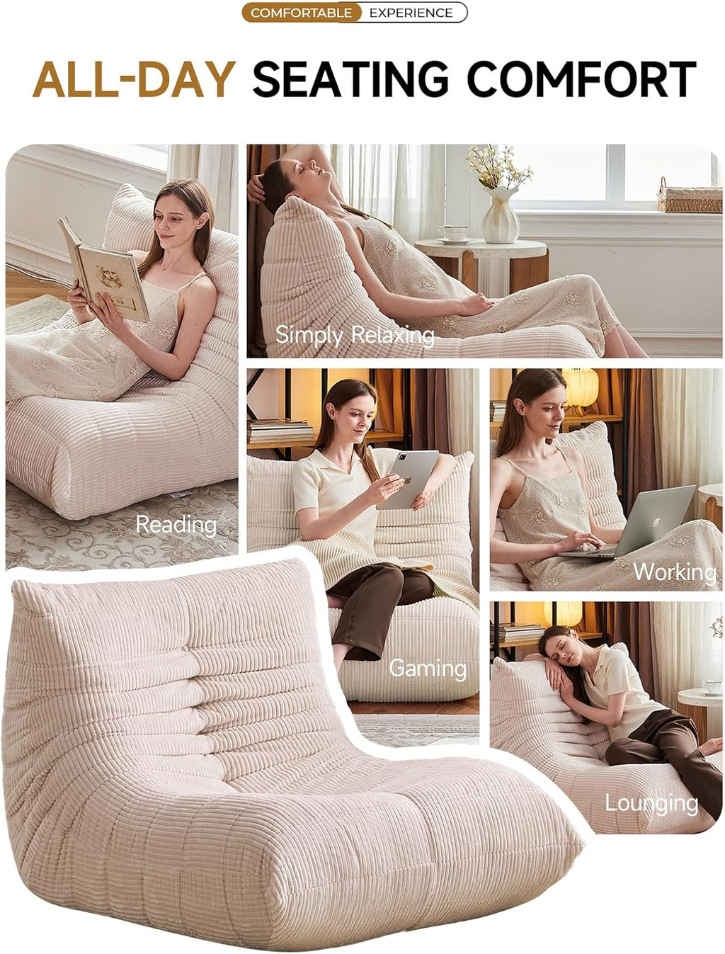 ZCUBED Large Bean Bag Chairs for Adults, Memory Foam Lounge Chair, Soft Corduroy Big Bean Bag Chair Lazy Sofa, Comfy Floor Beanbag Chair Single Sofa for Bedroom Living Room Fireside Book Nook, Beige