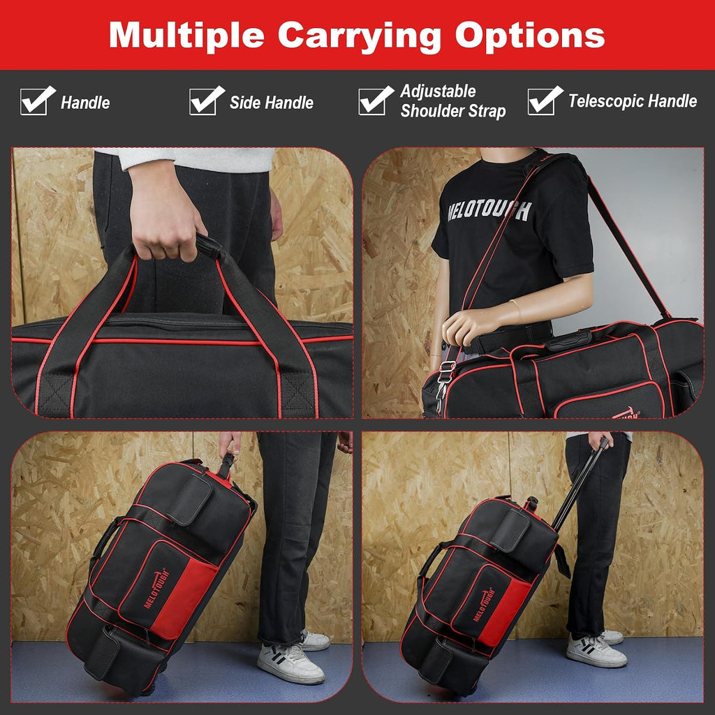 MELOTOUGH Rolling Tool Bag with Wheels,Large Capacity Tool Bag Organizer with Concealed Telescoping Handle for Electrician,Construction,HVAC,Technician (Red/Black)