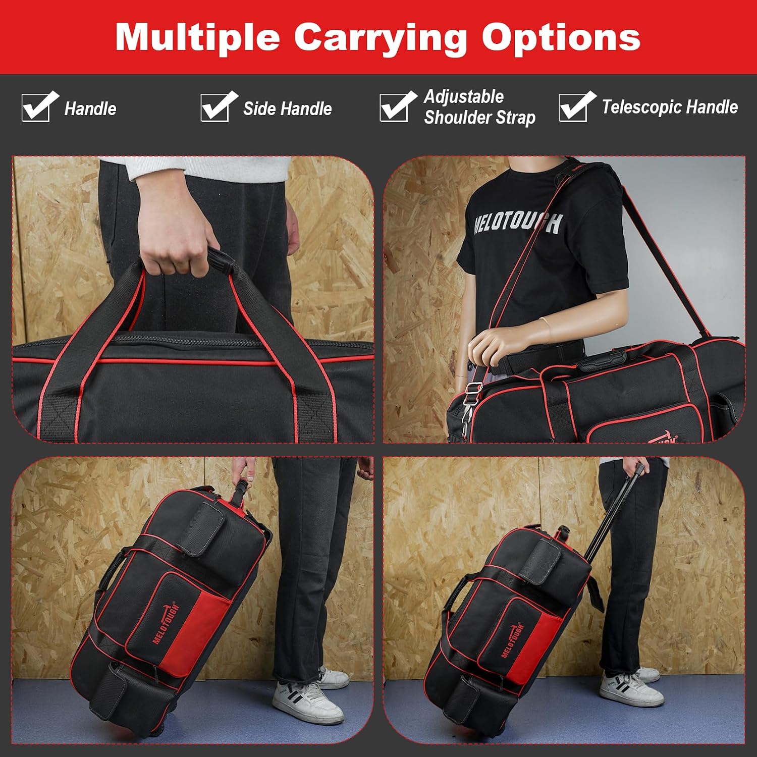 MELOTOUGH Rolling Tool Bag with Wheels,Large Capacity Tool Bag Organizer with Concealed Telescoping Handle for Electrician,Construction,HVAC,Technician (Red/Black)