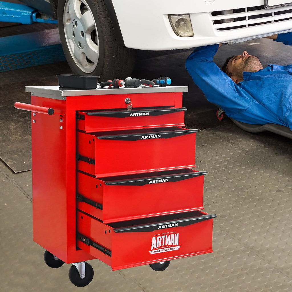 4 Drawers Rolling Tool Box on Wheels, Stainless Steel Countertop Tool Chest Cabinet with Lock, Drawers Rolling Tool Cart Trolley Organizer Tool Case for Garage,Warehouse (Red)