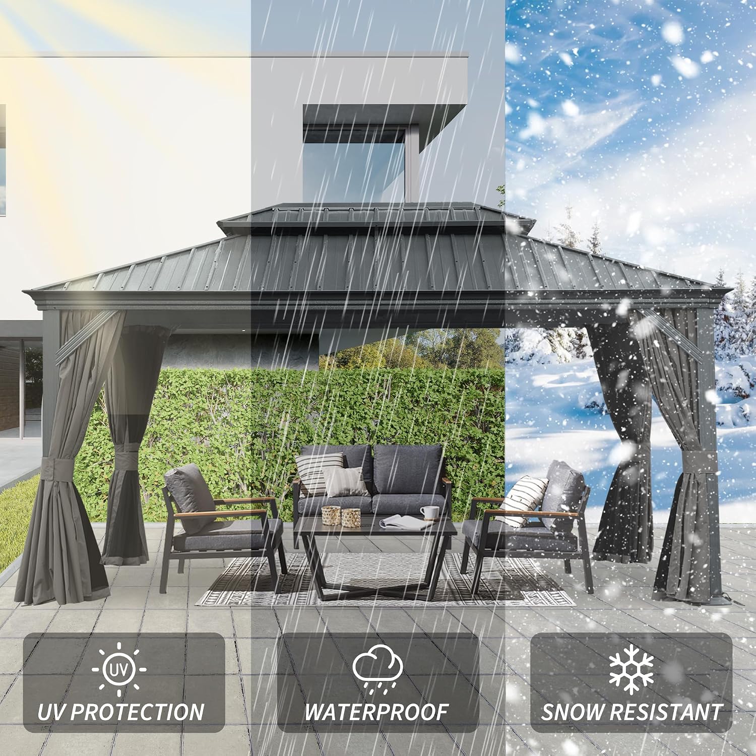 12x16FT Hardtop Gazebo with Drainage System: Upgraded Metal Frame & Dual-Layer Galvanized Steel Roof - Outdoor Shelter with Privacy Curtains & Mosquito Netting for Patio Garden Backyard Family