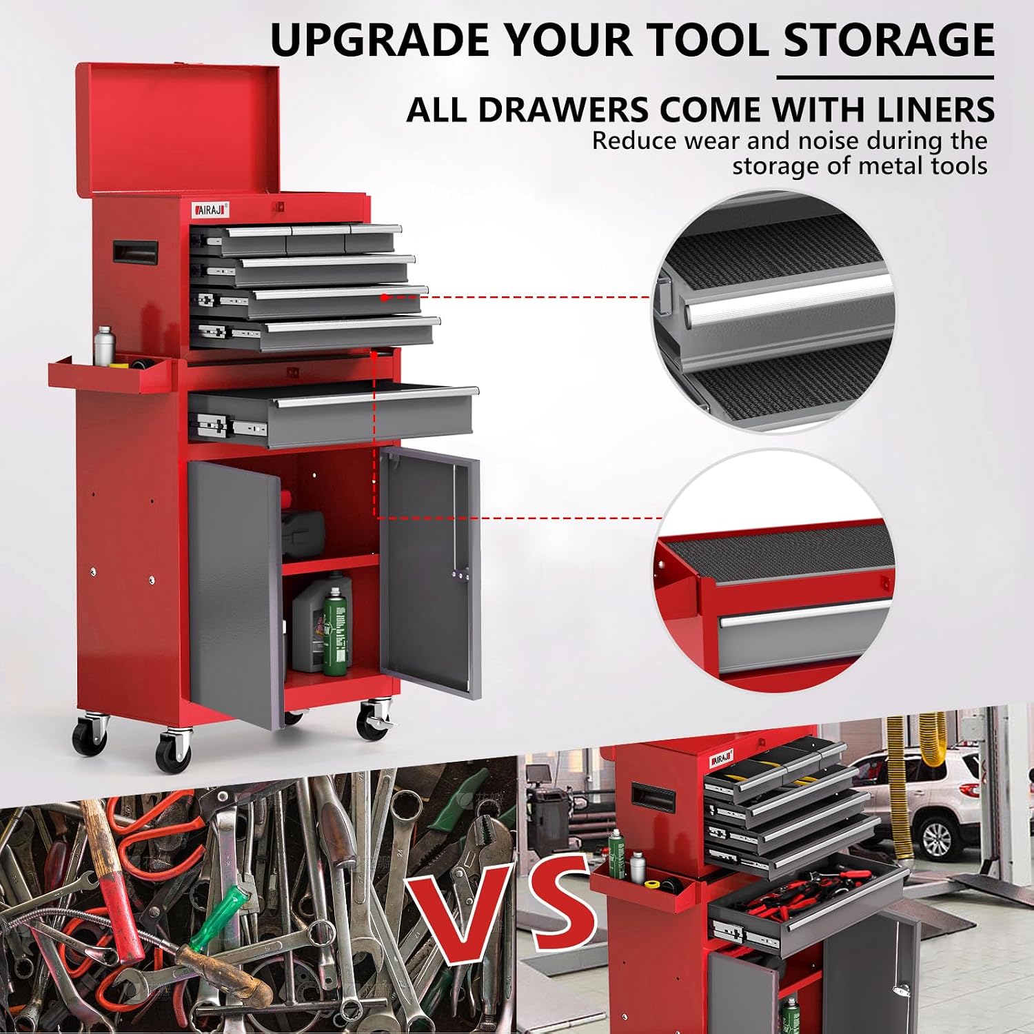 AIRAJ 7-Drawer Tool Chest with Wheels | 40'' H Rolling Tool Chest | Detachable Top Metal Tool Box | Garage Storage Cabinet for Repair Room | Rolling Tool Box with Hooks,Liners,Tray Divider | Red