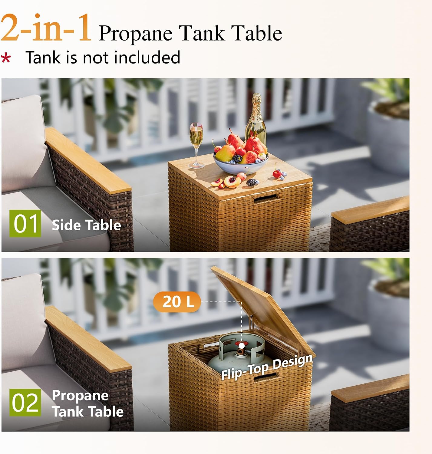 Sophia & William 42 Inch Outdoor Propane Gas Fire Pit Table Patio Rattan Rectangular Fire Table with Tank Cover Table, 50,000 BTU Firepit Table for Outside Patio with Fire Glass, Lid