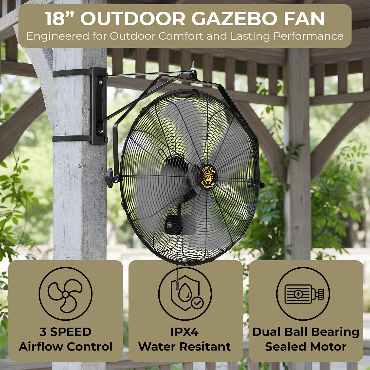 ZeboZap Walll and Pillar Mount Fan18 Inch IP44 Waterproof, 10ft Power Cord, 3 Speed, 4000CFM, Best for Commercial, Warehouse, Greenhouse, Workshop, Covered Patio, Gazebo and Factory, ETL Certified