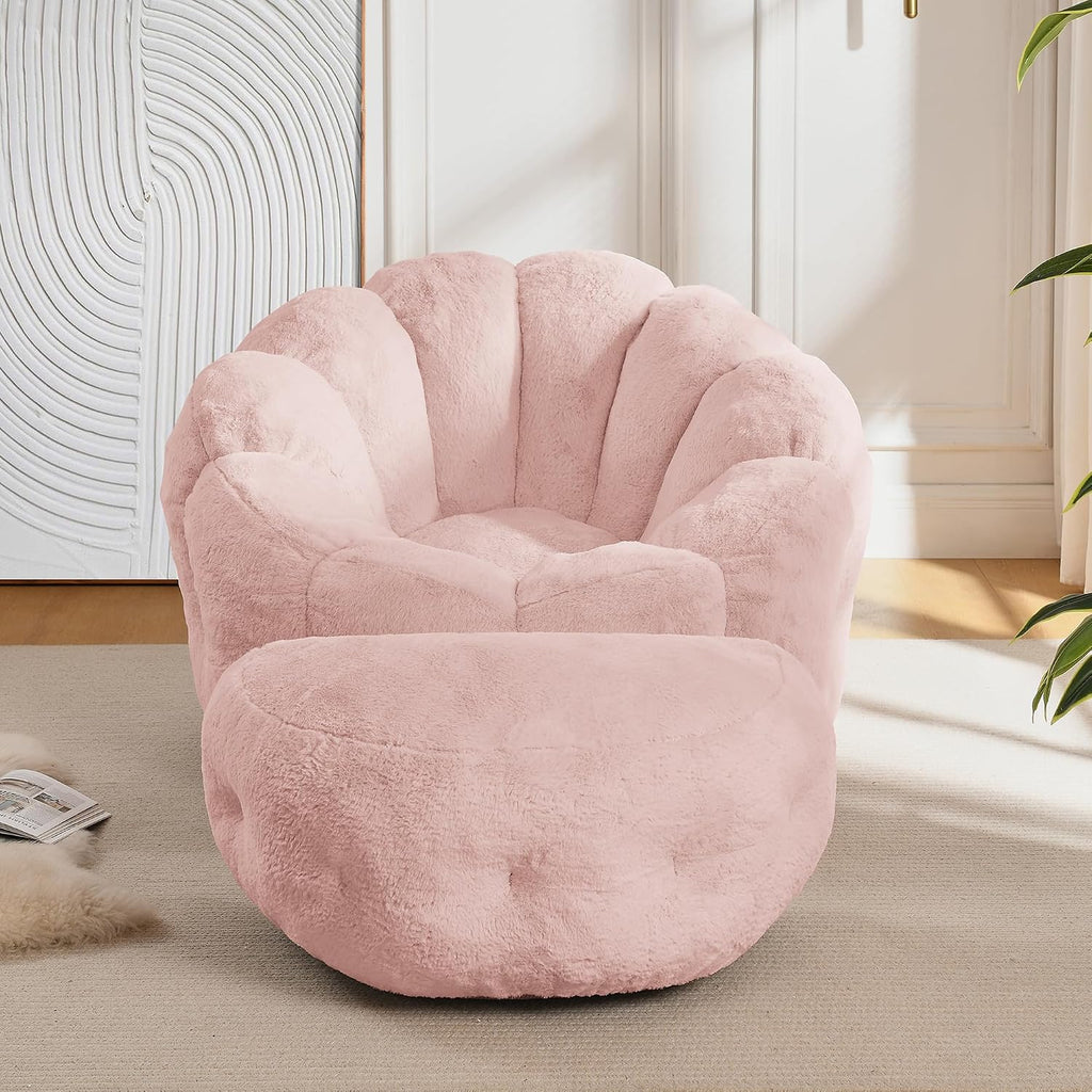 Bean Bag Chair with Ottoman, Pink Flower Bean Bag Chairs for Adults and Teens, Comfy Plush Faux Fur Reading Chair for Living Room, Bedroom, Apartment, Dorm