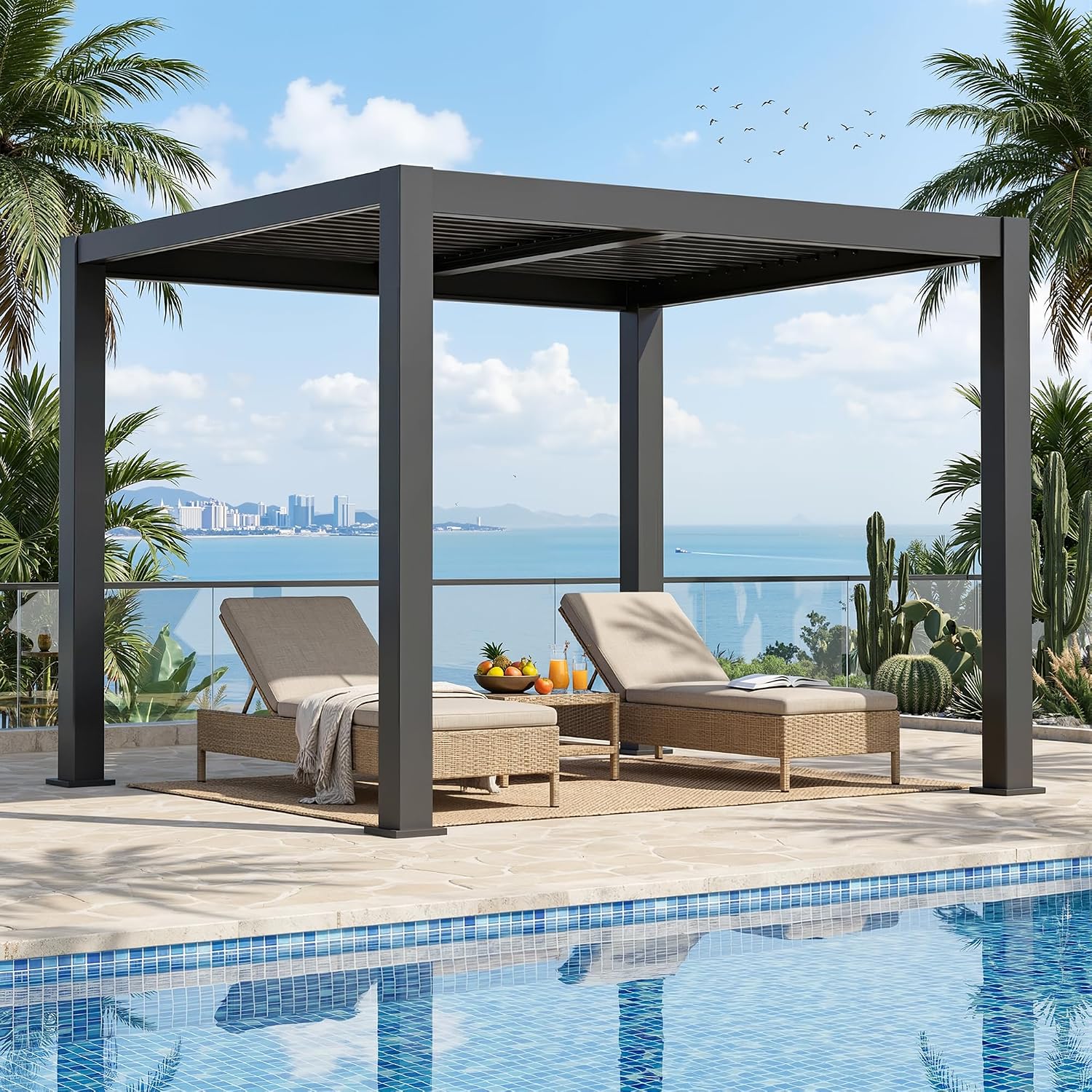 Aluminum Louvered Pergola - 10' x 10' Patio with Adjustable Roof for Outdoor Deck (Black)