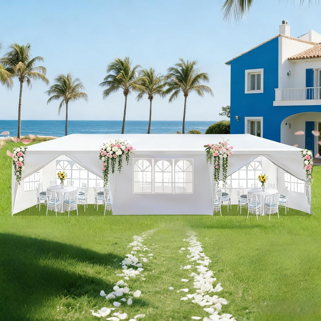 Nyckolas White 10x30 Outdoor Canopy Tent for Party,8 Removable Sidewalls with Windows,Sunshade & Waterproof,Heavy Duty Metal Frame,Easy to Assemble,Perfect for Outdoor Events,Party,Backyard,Camping
