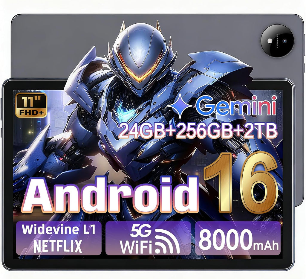 Android 16 Tablet with Gemini AI 90HZ Refresh Rate, 11 Inch 1920x1200 Pixels FHD, 24GB RAM 256GB ROM 2TB TF, T7250 Octa-Core Gaming Tablets, 13MP+8MP, 8000mAh Battery, Widevine L1, 5G Wifi, GPS (Gray)