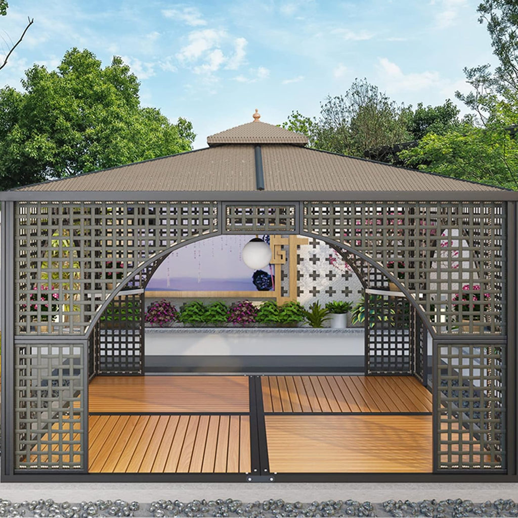 MARURY Modern Chinese Style Gazebo, Hardtop Pavilion, Brown, Polyester & Wrought Iron, Triangular, Freestanding Shelter, Easy Assembly, Water Resistant