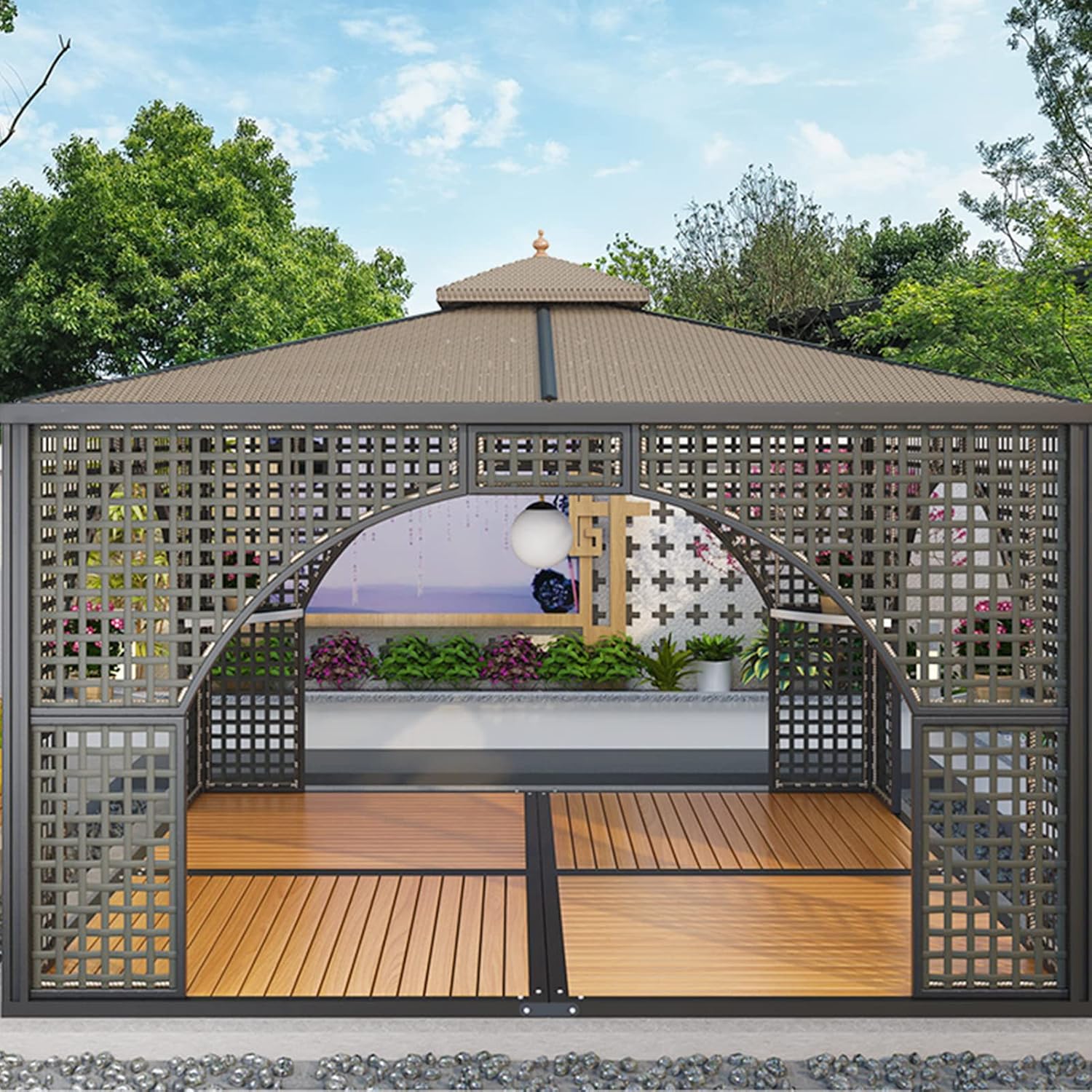 MARURY Modern Chinese Style Gazebo, Hardtop Pavilion, Brown, Polyester & Wrought Iron, Triangular, Freestanding Shelter, Easy Assembly, Water Resistant