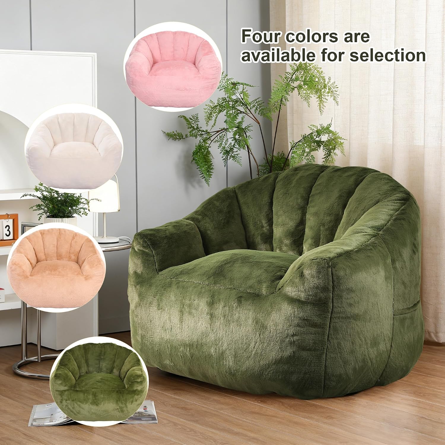 Bean Bag Chair, Bean Bag Couch for Adults and Kids, Comfy Shell-Shaped Chair with Filler Armrests Stuffed High-Density Foam Stuffed Sofa Lounge Floor Sofa for Bedroom,Gaming, Reading,Green