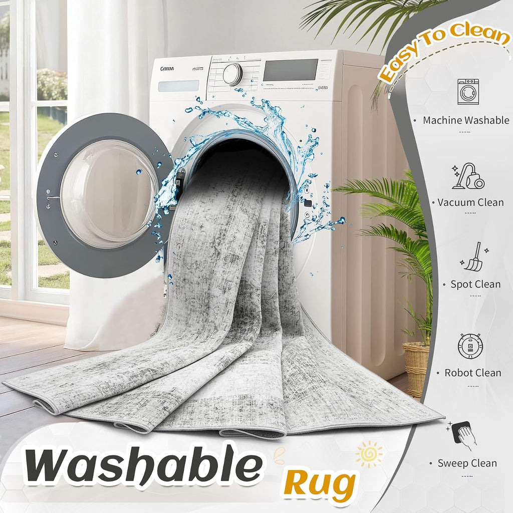 9x12 Area Rug for Living Room, Washable Vintage Boho Medallion Rugs Soft Non Slip Large Area Rug Stain Resistant Indoor Retro Carpet for Bedroom Nursery Kids Dining Room Home Office(Grey, 9'x12')