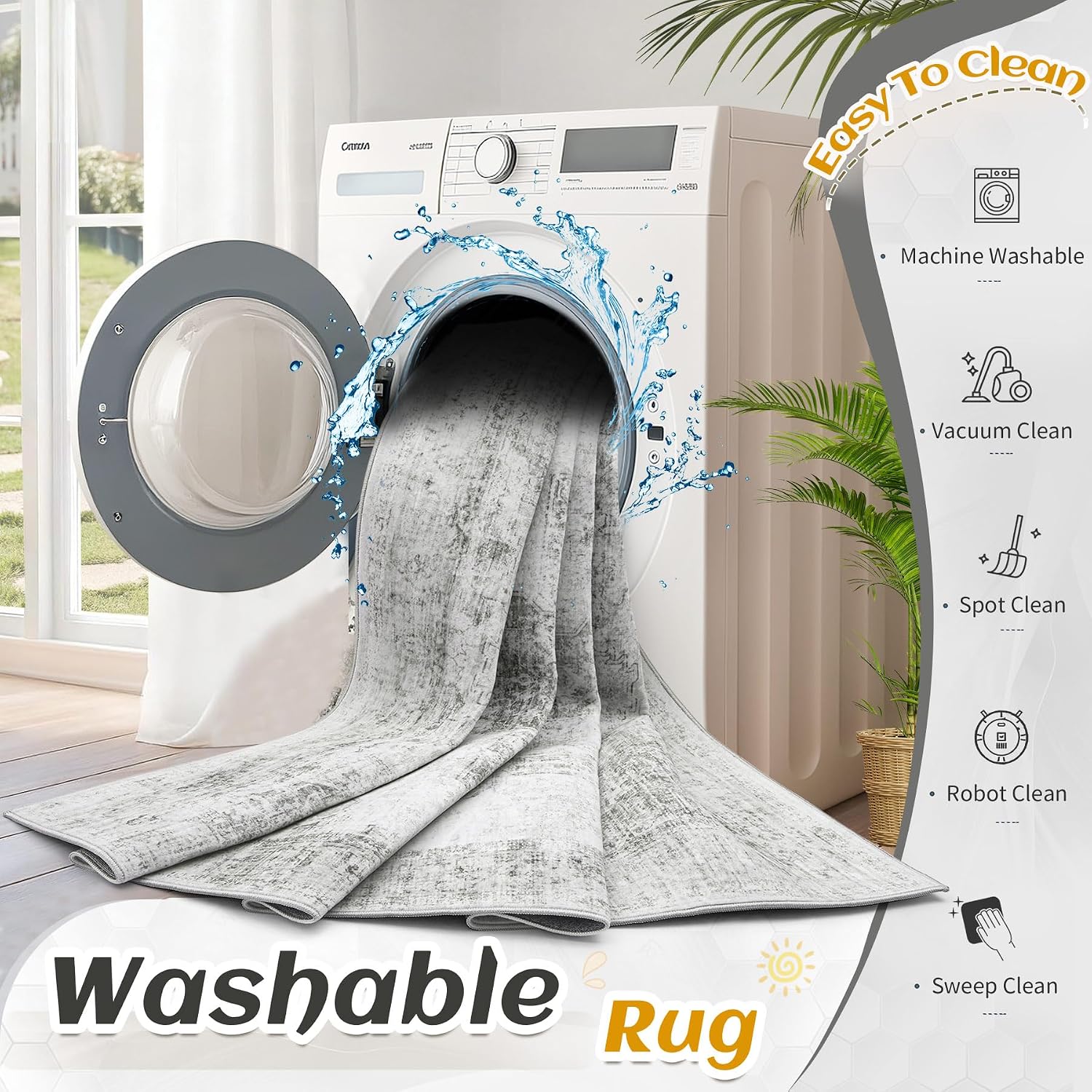 9x12 Area Rug for Living Room, Washable Vintage Boho Medallion Rugs Soft Non Slip Large Area Rug Stain Resistant Indoor Retro Carpet for Bedroom Nursery Kids Dining Room Home Office(Grey, 9'x12')