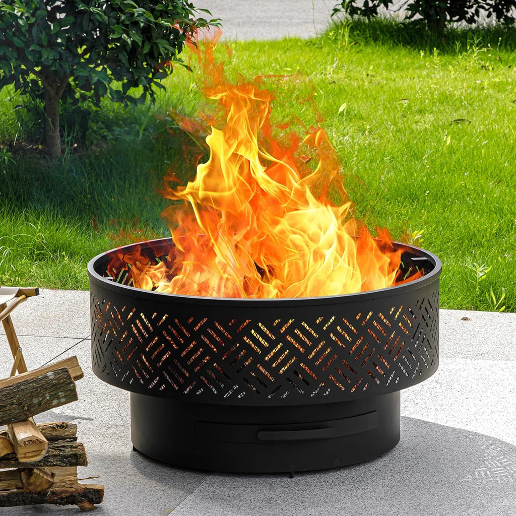 OutVue 32' Wood Burning Fire Pits with Grill & Lid, Fire Pit Table for Outside with Waterproof Cover & Fire Poker, Outdoor Firepit with Functions for BBQ,Table and Bonfire
