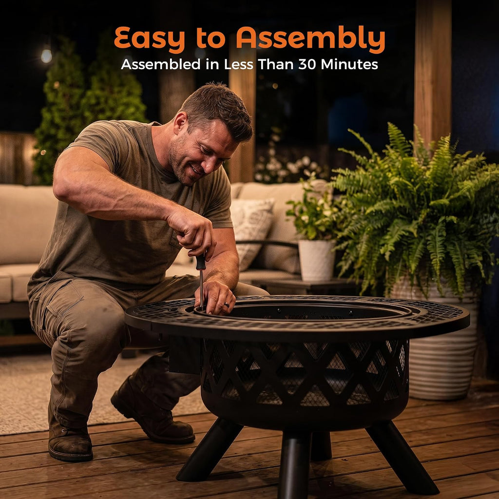 BALI OUTDOORS Fire Pit with Poker, 32 inch Outdoor Fire Pit Patio, Wood Burning Firepits for Outside with Grill