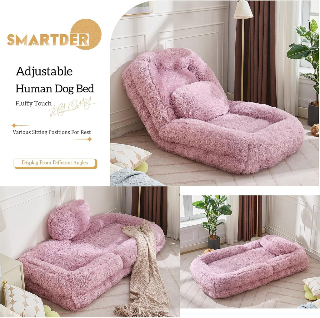 Adjustable Plush Human Dog Bed Lounger for Adult, 5-Position Foldable Lazy Lounge Sofa, Large Size Bean Bag Chair with Pillow, Folding Floor Chair for Living Room, Bedroom, Gaming Room, Pink