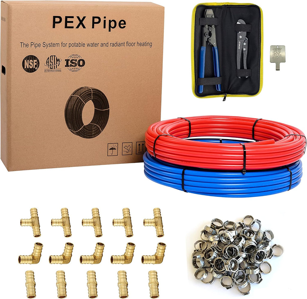 EFIELD 1/2 inch 200 ft Pex-b Pipe/Tubing 2 x100 ft Blue & Red, Pex Fittings (15), Crimp Tool, Clamps, and Cutter Combo Kit,(E99KIT)