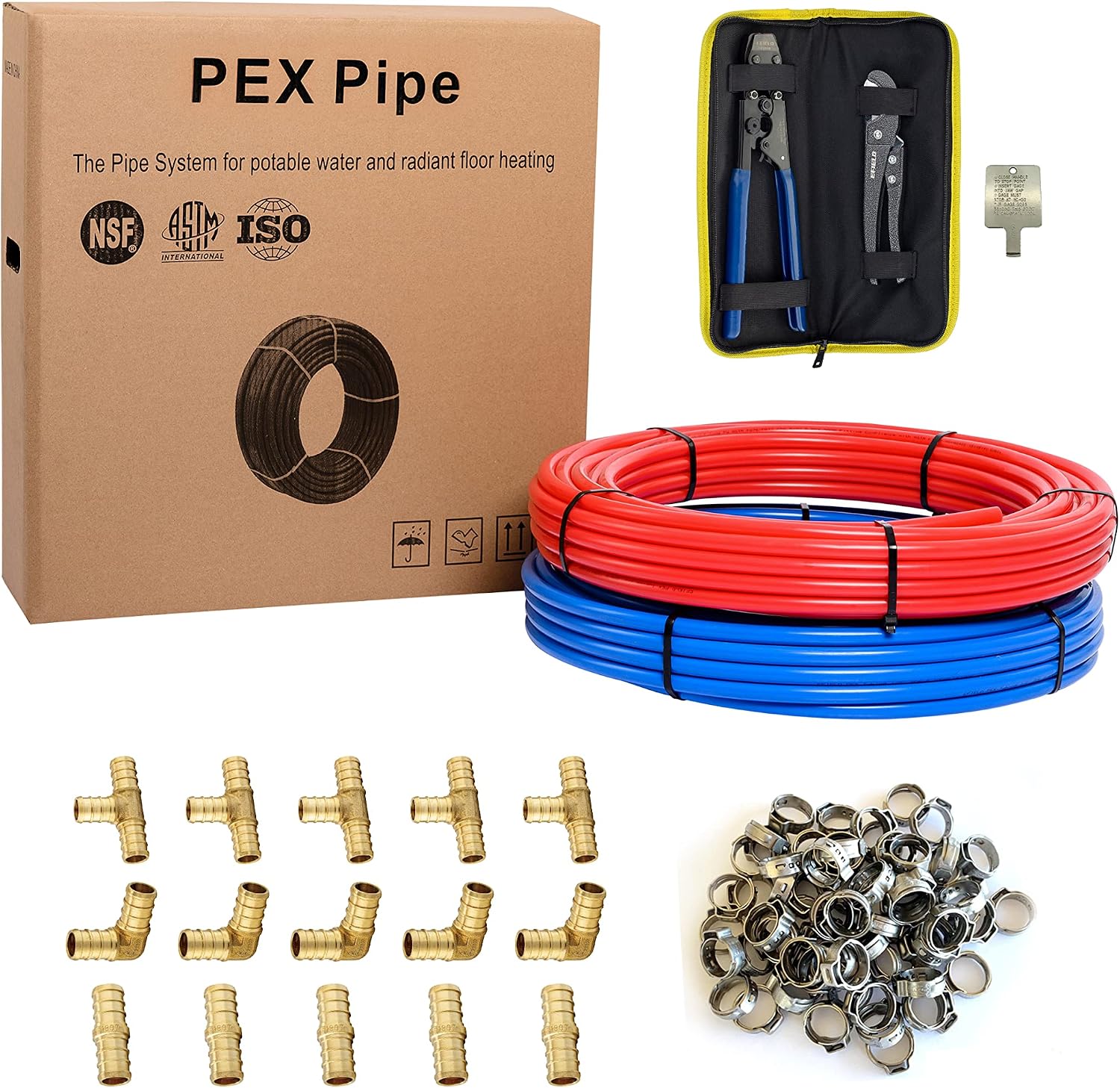 EFIELD 1/2 inch 200 ft Pex-b Pipe/Tubing 2 x100 ft Blue & Red, Pex Fittings (15), Crimp Tool, Clamps, and Cutter Combo Kit,(E99KIT)