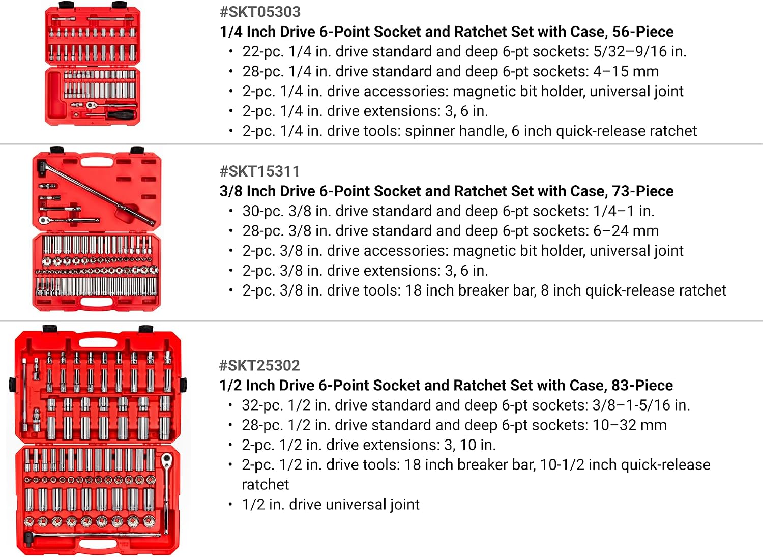 TEKTON 1/4, 3/8, 1/2 Inch Drive Shallow and Deep 6-Point Socket and Ratchet Set with Cases, 212-Piece (5/32-1-5/16 in., 4-32 mm) | SKT95304