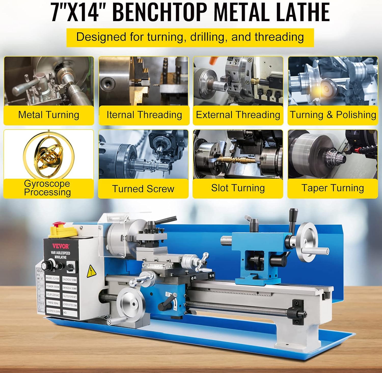 VEVOR Metal Lathe, Upgraded Digital Display 7'x14' Benchtop Metal Lathe 550W Variable Speed 2250RPM with 3-jaw Chuck CNC Mini Lathe Machine Precision Mini Lathe Tool Box for Metal Turning
