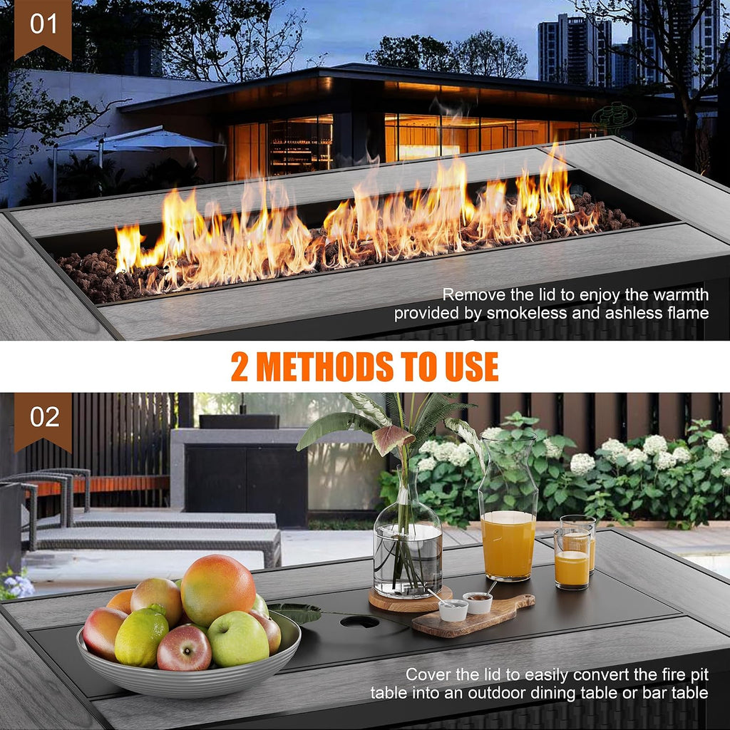 45 inch Propane Fire Pit Table, 50,000 BTU Outdoor Gas Fire Pit Table with Lid, Waterproof Cover, Rectangle Gas Firepit Table for Garden/Patio