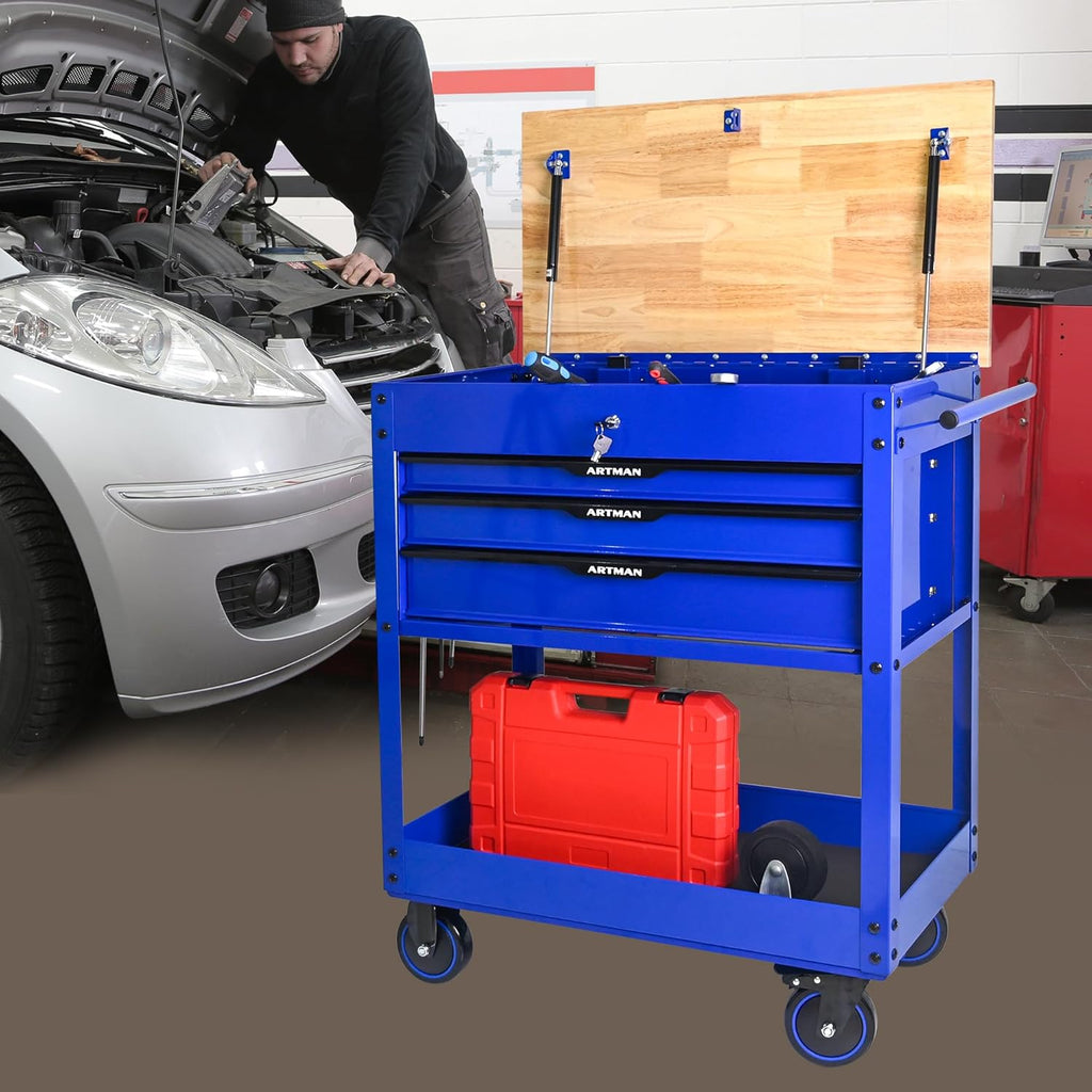 Rolling Cart With 3-Drawer Utility Box, Wheels, Wood Top - Mechanic Storage Organizer Cabinet for Garage, Warehouse, Workshop, Repair Shop - Blue
