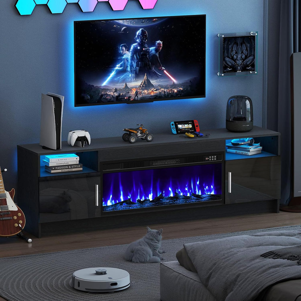 70' Fireplace TV Stand for TVs Up to 80', LED Light Media Console with 36' Electric Heater, Storage Cabinet, Black Entertainment Center for Living Room,Log