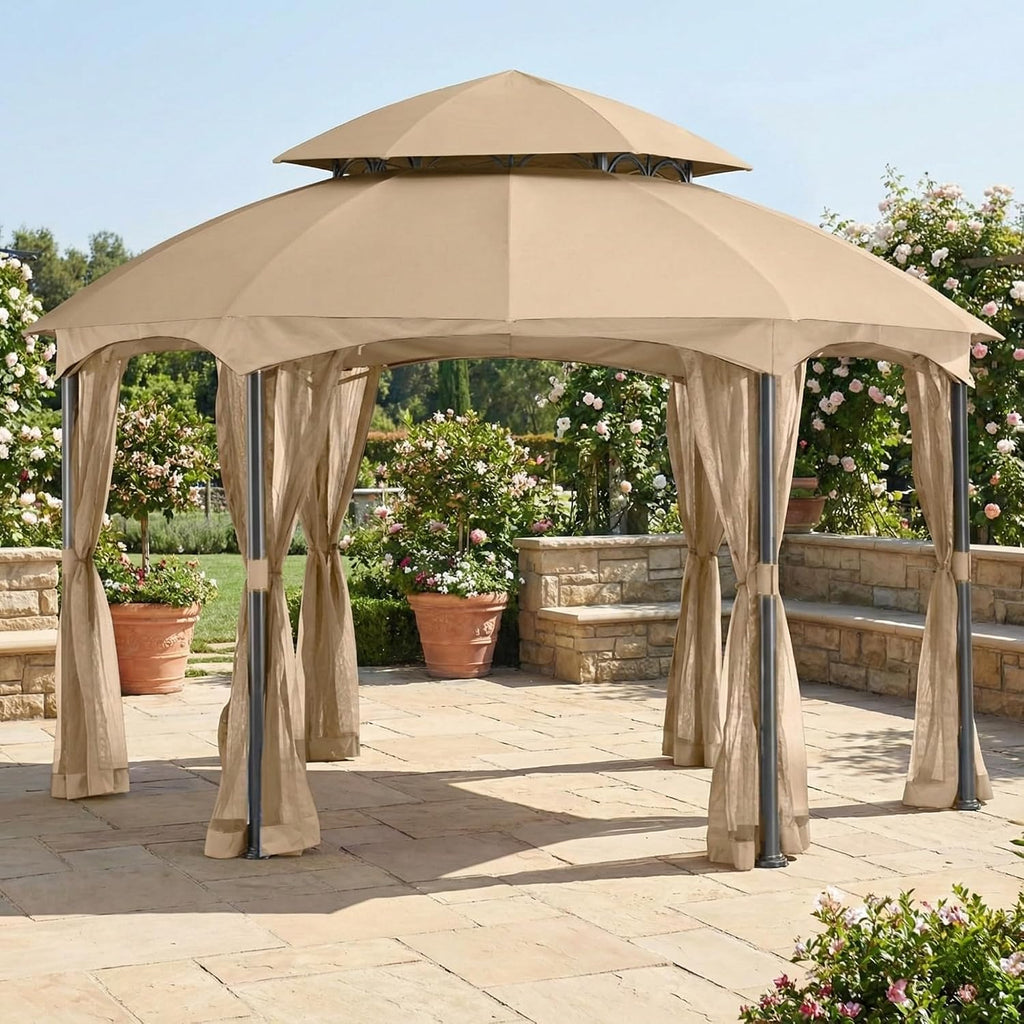 Garden Winds Reinforced RipLock 350 Replacement Canopy Top and Netting Set Compatible with Heritage 12' x 12' Hexagon Gazebo Models L-GZ793PST-E, A101011800 - Beige