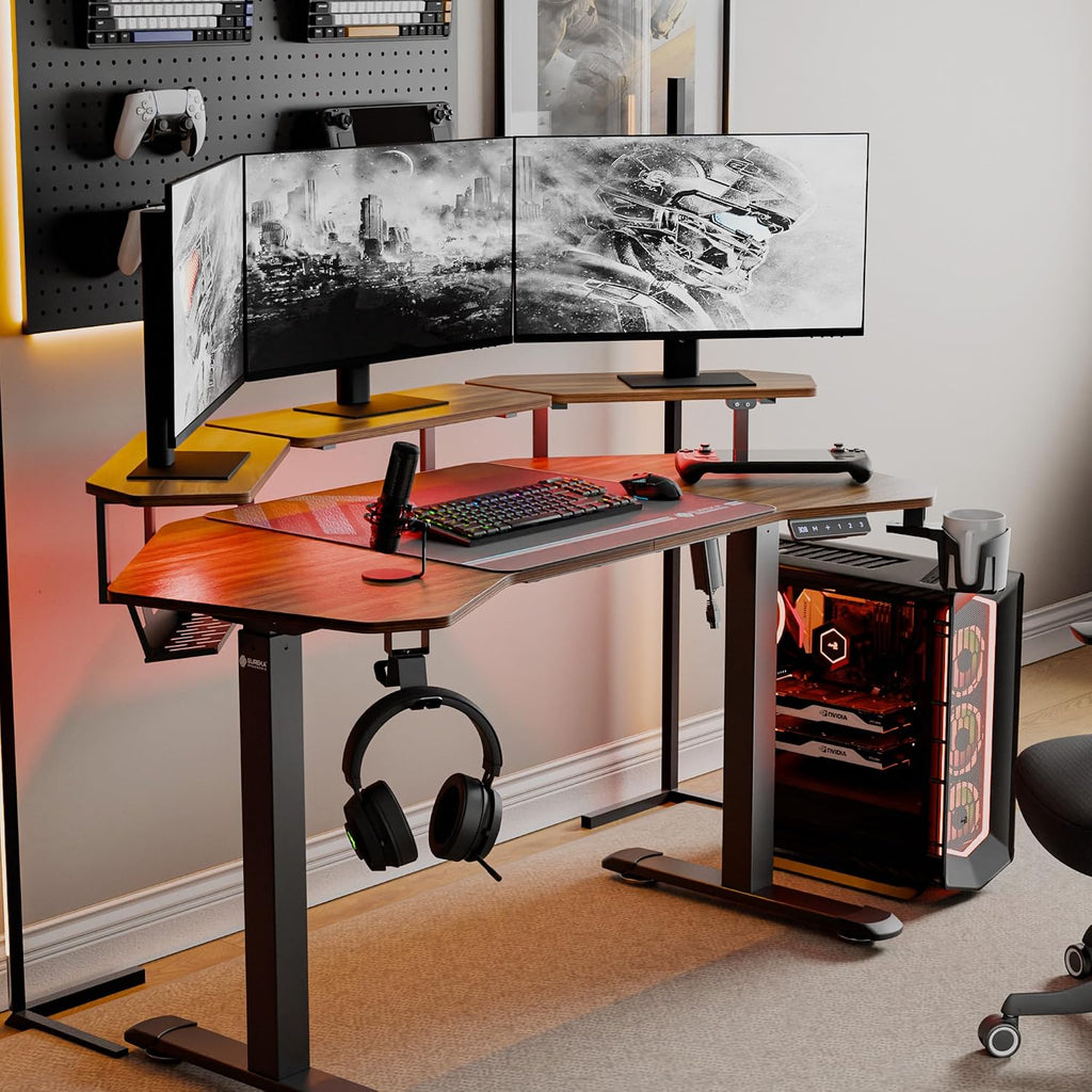 EUREKA ERGONOMIC Aero 55 Inch W Shaped Electric Standing Desk, Height Adjustable Computer Gaming Desk with LED Monitor Shelf, Mouse Pad, Headphone Hook, Cup Holder, Dark Walnut