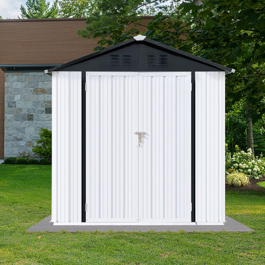 Shed with Windows,Large Metal Outdoor Storage Shed, Lockable Tool Storage shed, Steel Garden shed, Suitable for Backyard, Terrace, and Poolside (Roof White+Black, 6FTx4FT)