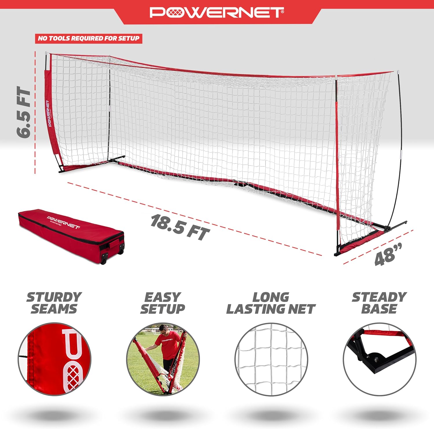 PowerNet Soccer Goal for Backyard, 3Mx2M / 6x4 / 8x4 / 12x6 / 14x7 /18.5x6.5 / 21x7 / 24 x 8 Portable Soccer Net, Sports & Outdoors Training Equipment, Quick Setup 1 Goal & Zipper Storage Bag