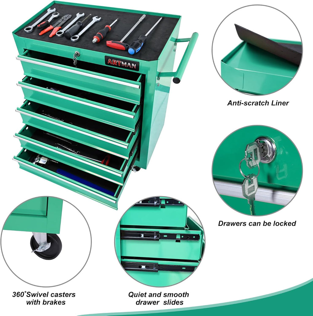 5 Large Drawers Rolling Tool Cart on Wheels, Trolley Organizer Tool Case Chest, Multifunctional Storage Tool Box for Workshop, Garage, Warehouse, Repair Shop (24.2' W×12.9' D×29.9' H-Green)