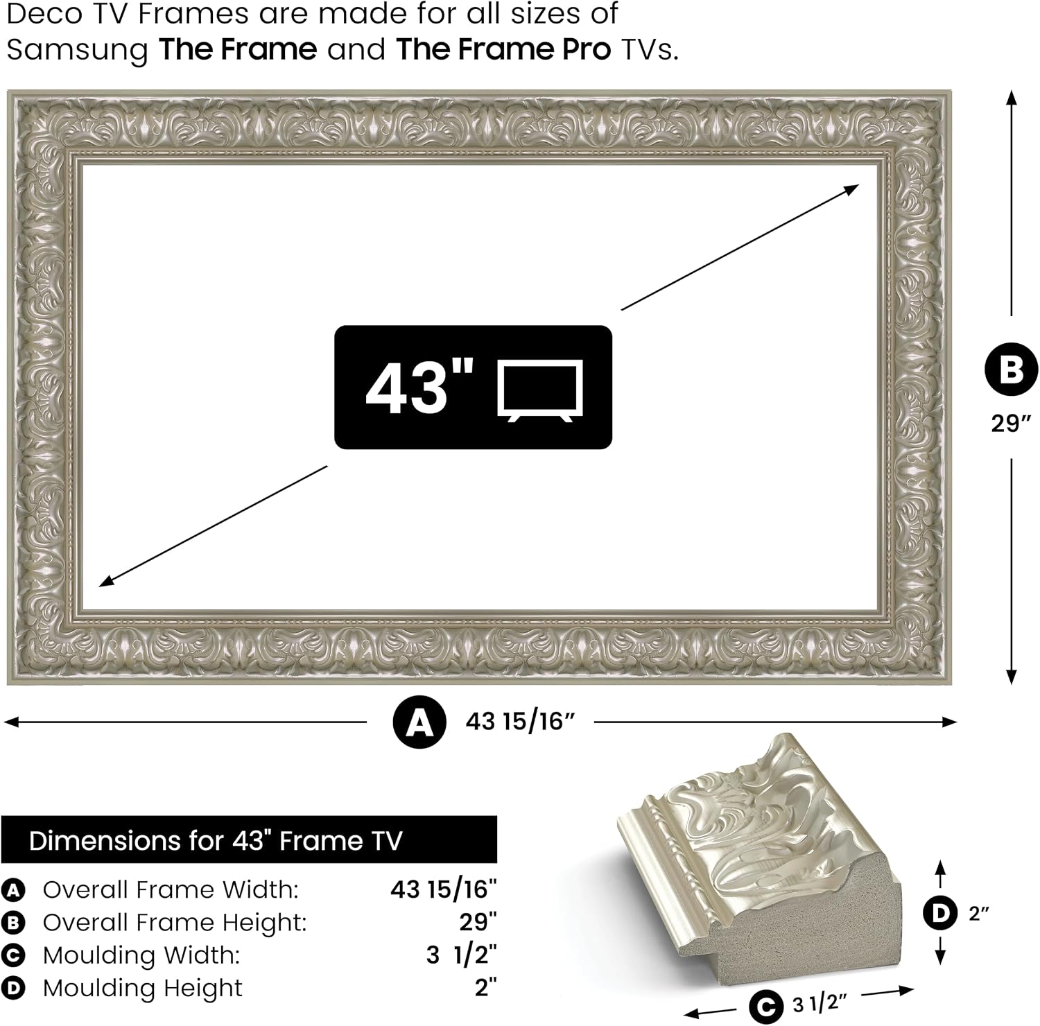 Tuscan Pearl 43' Premiere Deco TV Frame - Compatible ONLY with Samsung The Frame TVs (Fits 2021-2025, LS03A, LS03B, LS03C, LS03D, LS03FA)