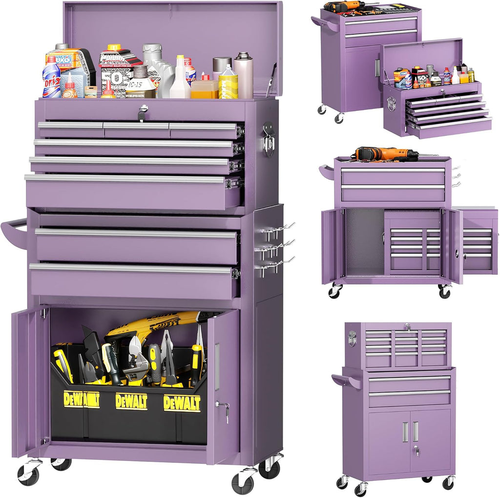 INTERGREAT Tool Chest, Assembled 8-Drawers Rolling Tool Chest with Wheels, Detachable Top Tool Box, Tool Cabinet for Repair Room,Warehouse, Rolling Tool Box with Hooks,Tray Divider,Liners(Purple)