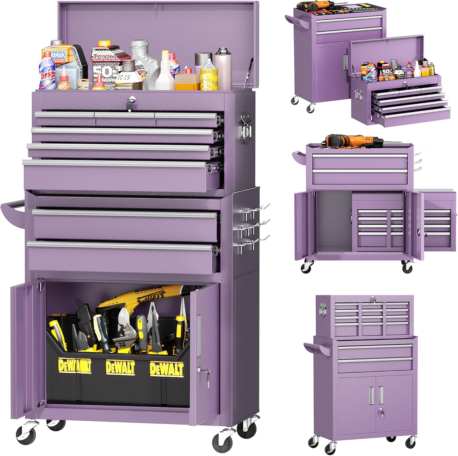 INTERGREAT Tool Chest, Assembled 8-Drawers Rolling Tool Chest with Wheels, Detachable Top Tool Box, Tool Cabinet for Repair Room,Warehouse, Rolling Tool Box with Hooks,Tray Divider,Liners(Purple)