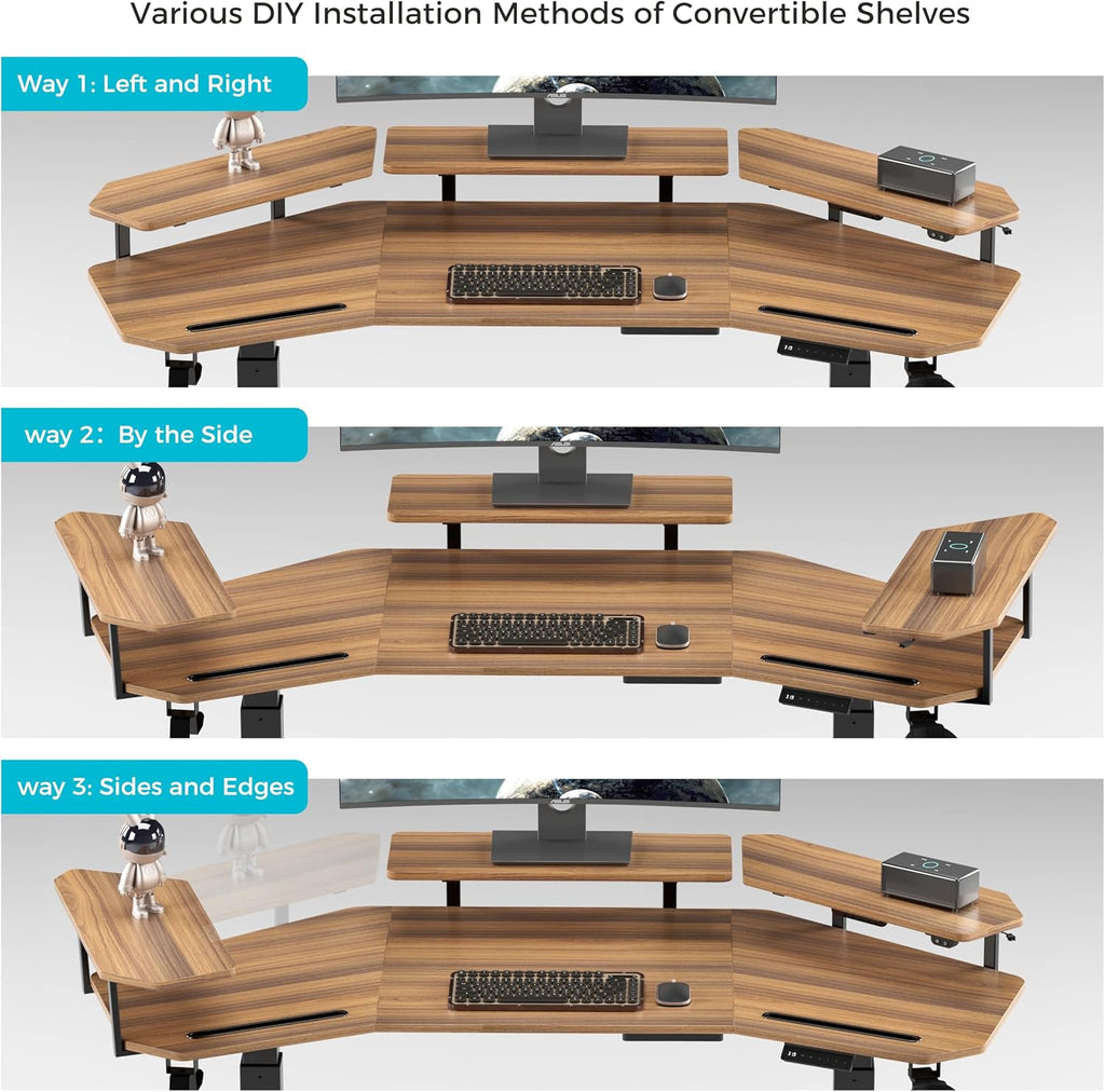 EUREKA ERGONOMIC Standing Gaming Desk with Dual Motor,63' Wing Shaped Computer Desk w Mouse Pad, Electric Adjustable Height Table w LED Monitor Stands,Slot Design,Walnut