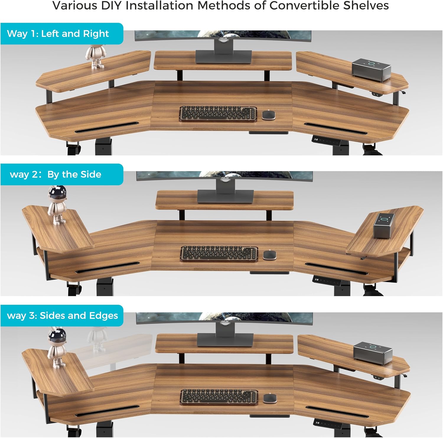 EUREKA ERGONOMIC Standing Gaming Desk with Dual Motor,63' Wing Shaped Computer Desk w Mouse Pad, Electric Adjustable Height Table w LED Monitor Stands,Slot Design,Walnut