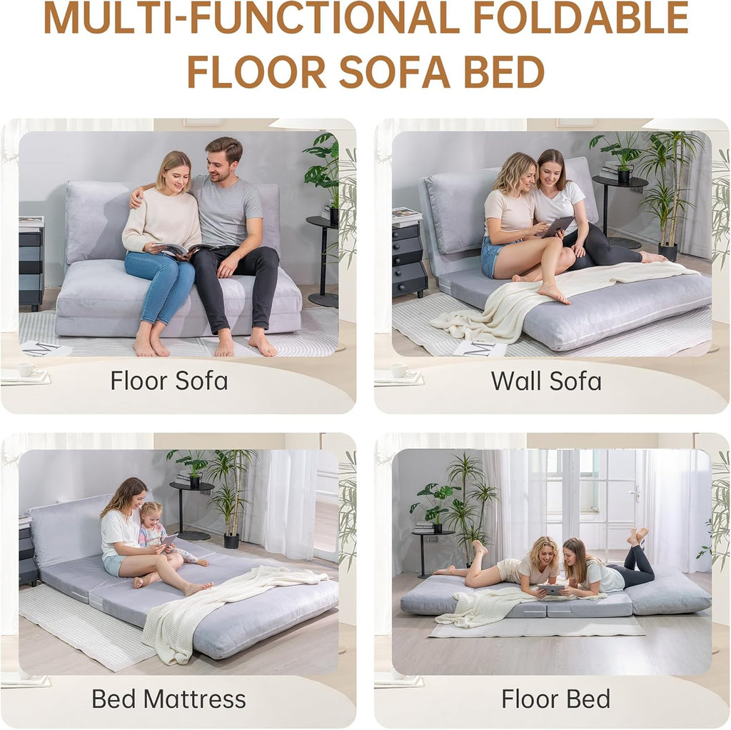 Cvortll 4-in-1 Folding Sofa Bed, Memory Foam Bean Bag Chair, Large Convertible Couch, Floor Foldable Sofa for Bedroom, Living Room, Apartment (Grey-Large)