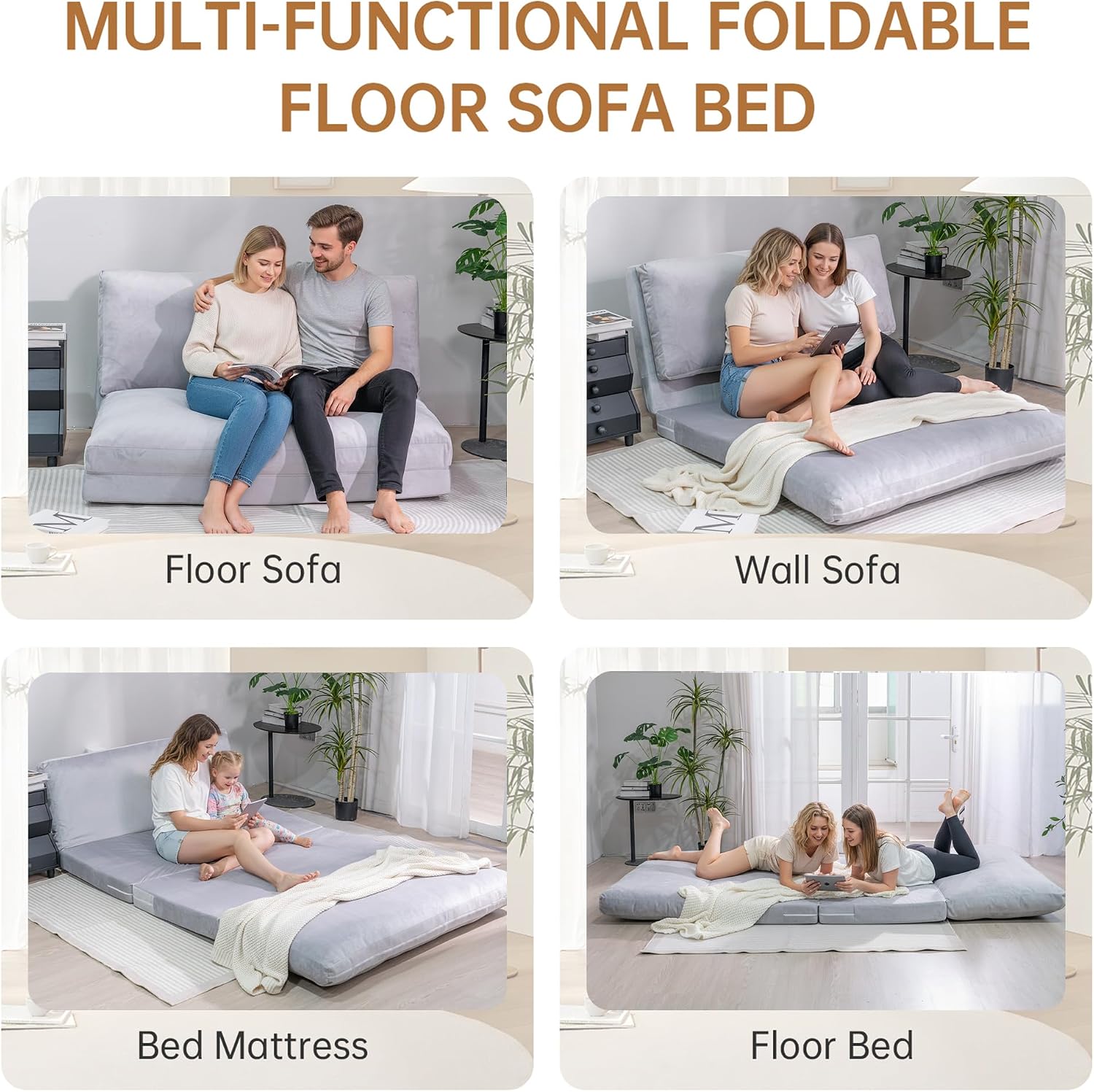 Cvortll 4-in-1 Folding Sofa Bed, Memory Foam Bean Bag Chair, Large Convertible Couch, Floor Foldable Sofa for Bedroom, Living Room, Apartment (Grey-Large)