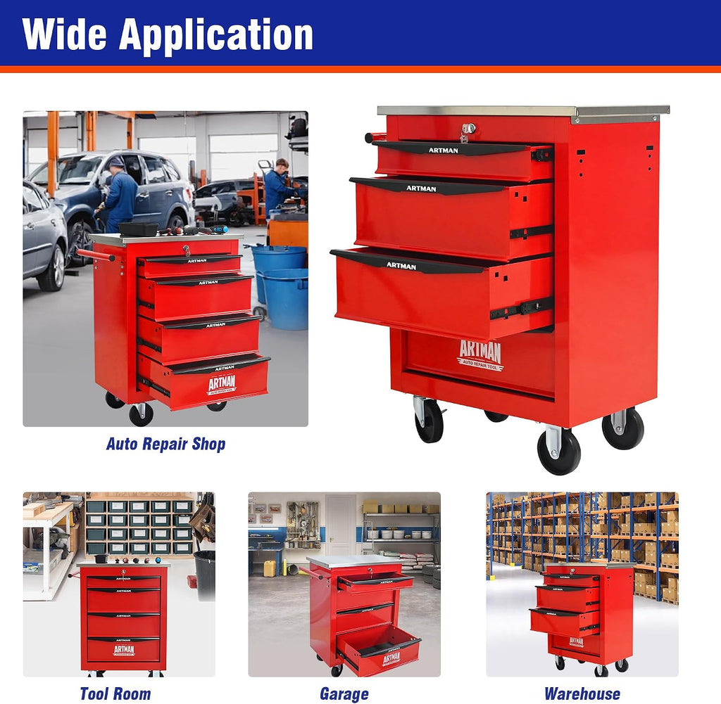 4 Drawers Rolling Tool Box on Wheels, Stainless Steel Countertop Tool Chest Cabinet with Lock, Drawers Rolling Tool Cart Trolley Organizer Tool Case for Garage,Warehouse (Red)