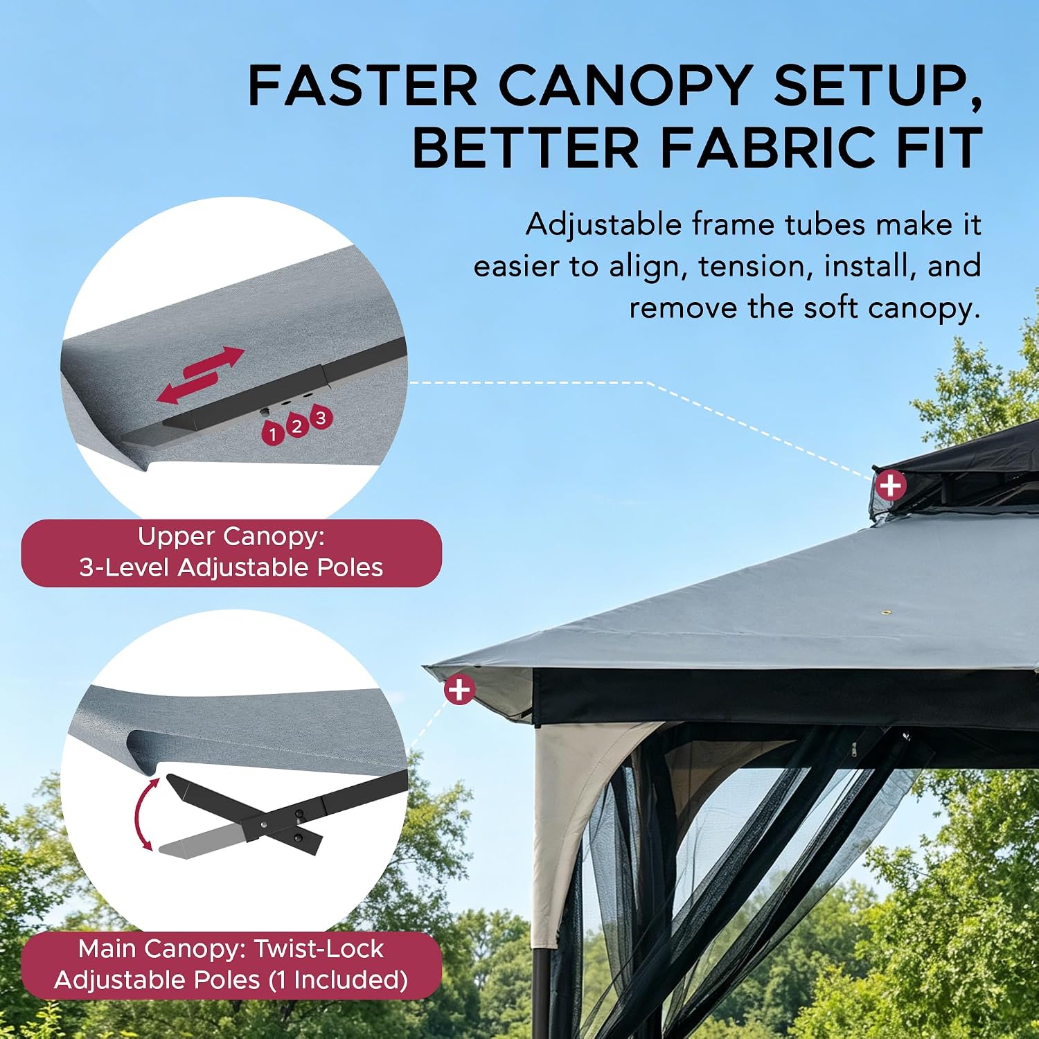 Sunjoy 9 ft. x 9 ft. Gazebo with 2-Tier Canopy Roof, Steel Frame Soft top Gazebo with Ceiling Hook and Mosquito Netting, Tan and Black