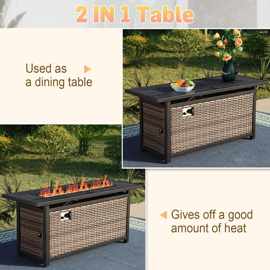 Sophia & William 56 Inch Gas Fire Pit Table Outdoor Rattan Propane Fire Table & Fireplace with Fire Glass, Lid, 50,000 BTU Firepits for Outside Patio